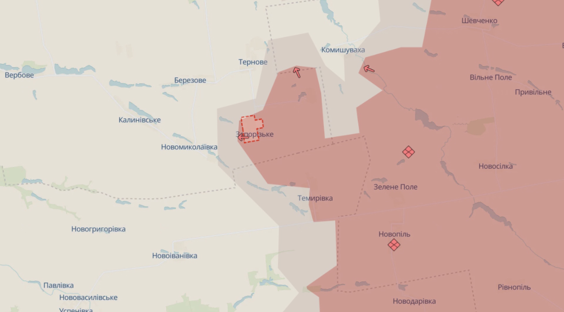 Мапа DeepState, де села Запорізьке та Новогеоргіївка окуповані