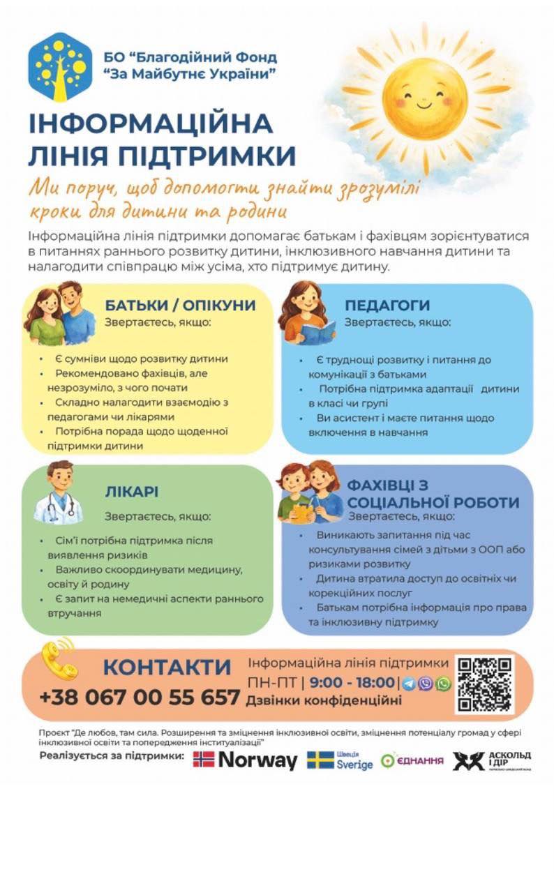 лінію інформаційної підтримки з питань раннього втручання та інклюзивної освіти